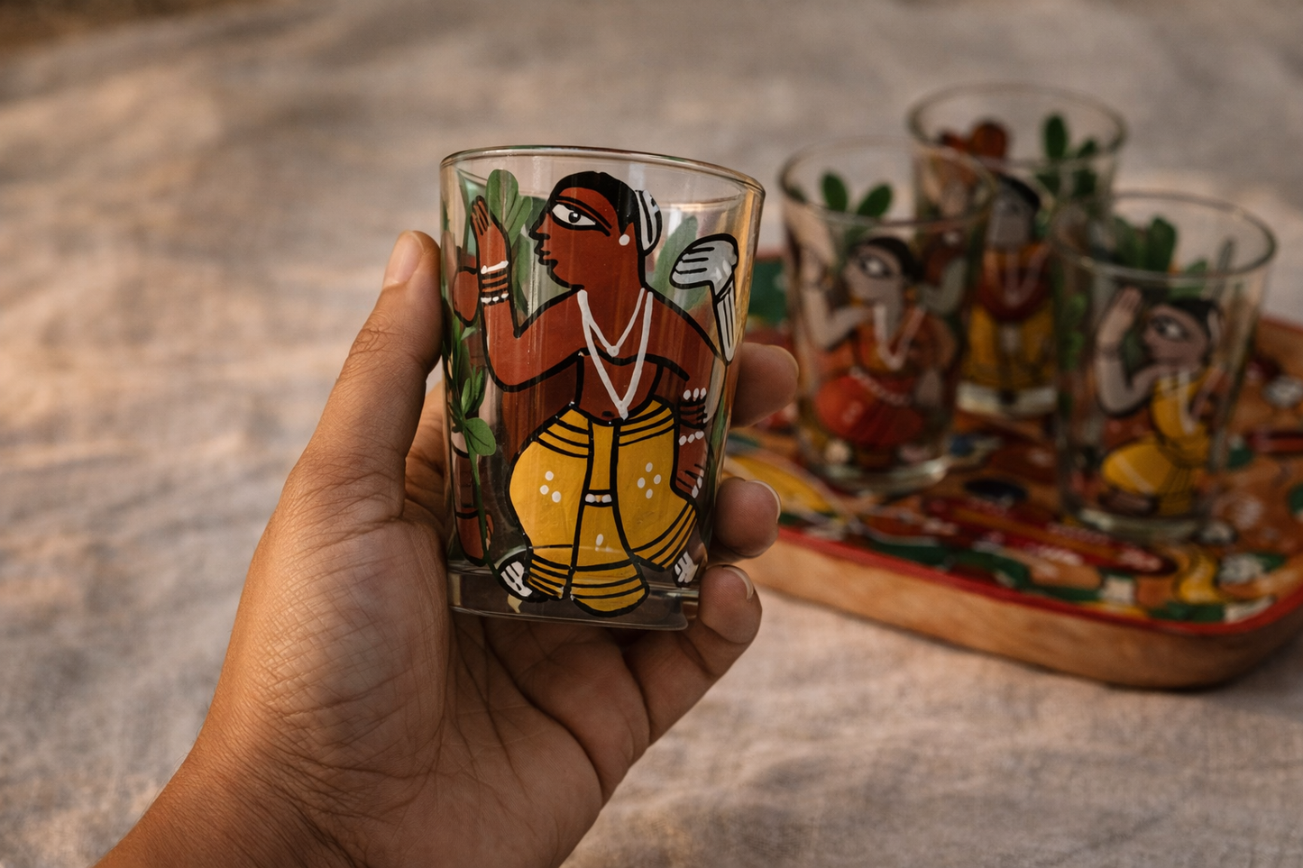 Patachitra Art Glasses with Wooden Tray (Set of 5)