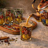 Patachitra Art Glasses with Wooden Tray (Set of 5)