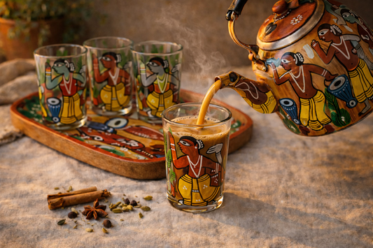 Patachitra Art Glasses with Wooden Tray (Set of 5)