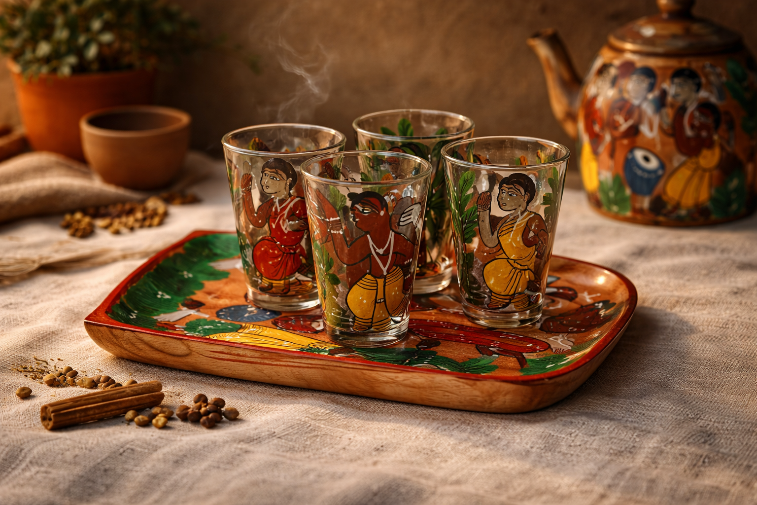 Patachitra Art Glasses with Wooden Tray (Set of 5)