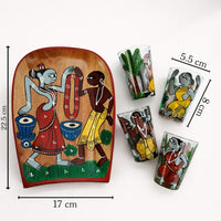 Patachitra Art Glasses with Wooden Tray (Set of 5)