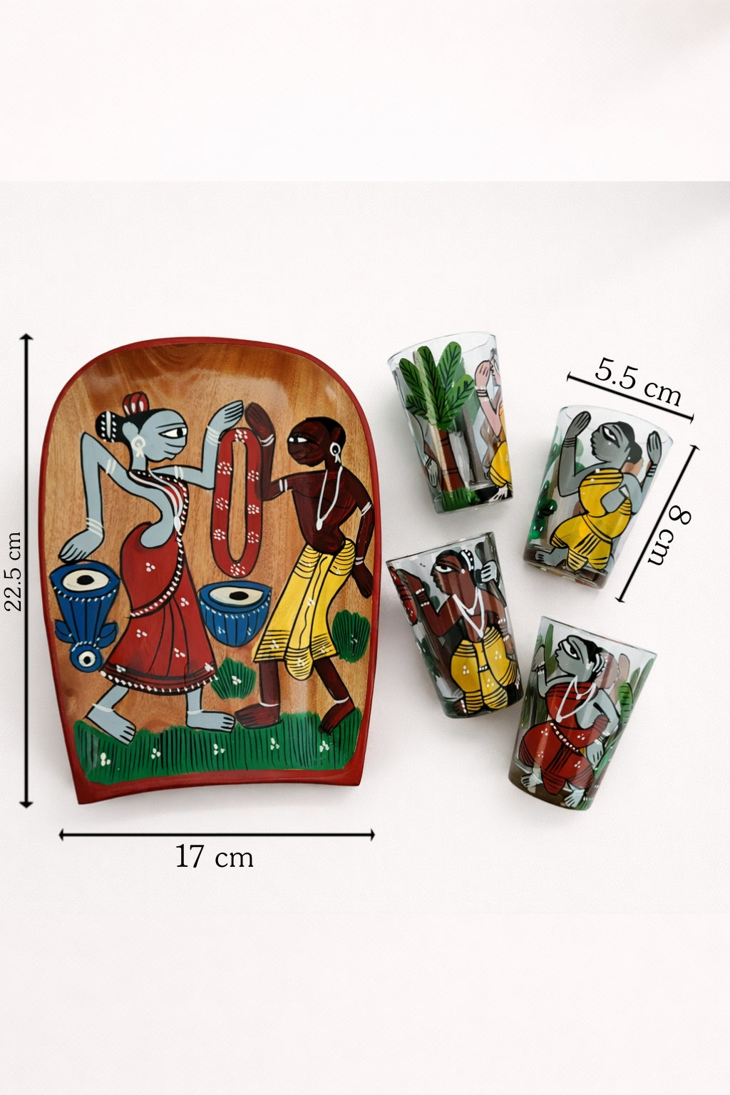 Patachitra Art Glasses with Wooden Tray (Set of 5)