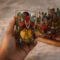 Patachitra Art Glasses with Wooden Tray (Set of 5)