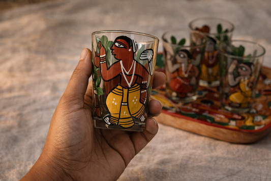 Patachitra Art Glasses with Wooden Tray (Set of 5)